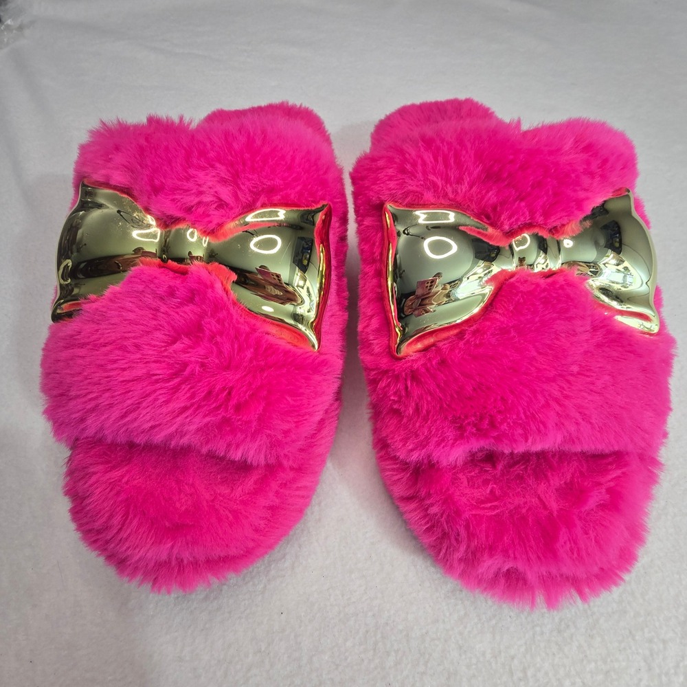 Katy Perry Fuzzy Gold Bow Slide Slippers Hot Pink Cozy Glam Womens Medium (8-9) - Picture 3 of 11